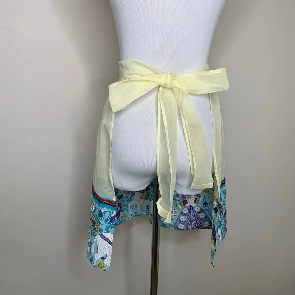 Vintage 60s Sheer Yellow Half Apron Folk Art Scandinavian Blue Hem OSFM